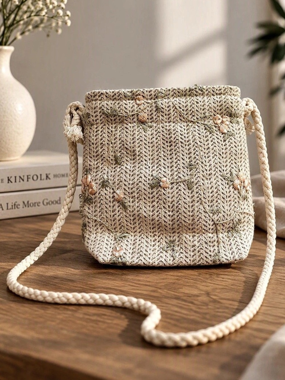 5/$25 Floral Crochet Bucket Crossbody in Cream & Pink